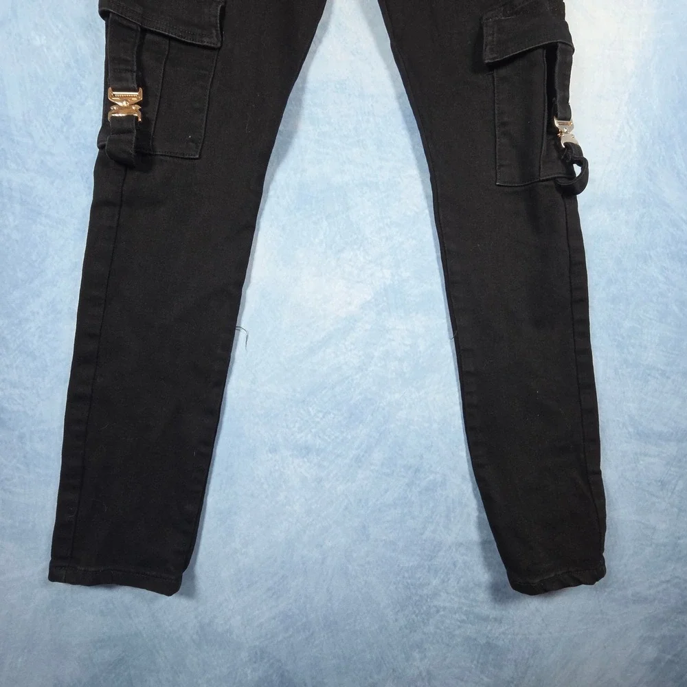 THRT Denim Mens Black Cargo Jeans Slim Fit Distressed Buckle Pockets Size 32